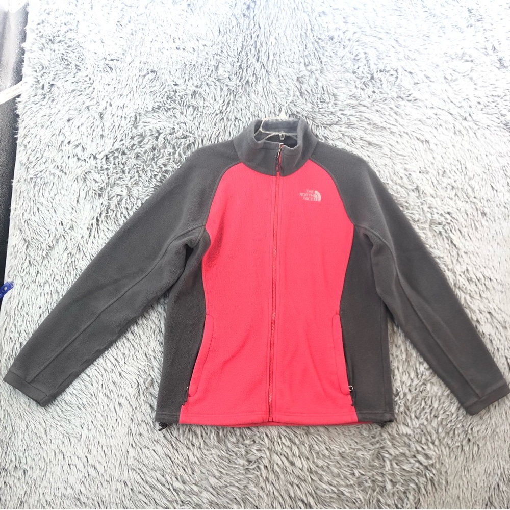 North Face Jacket Womens Large TNF Fleece Full Zip Red Gray Pockets Toggle